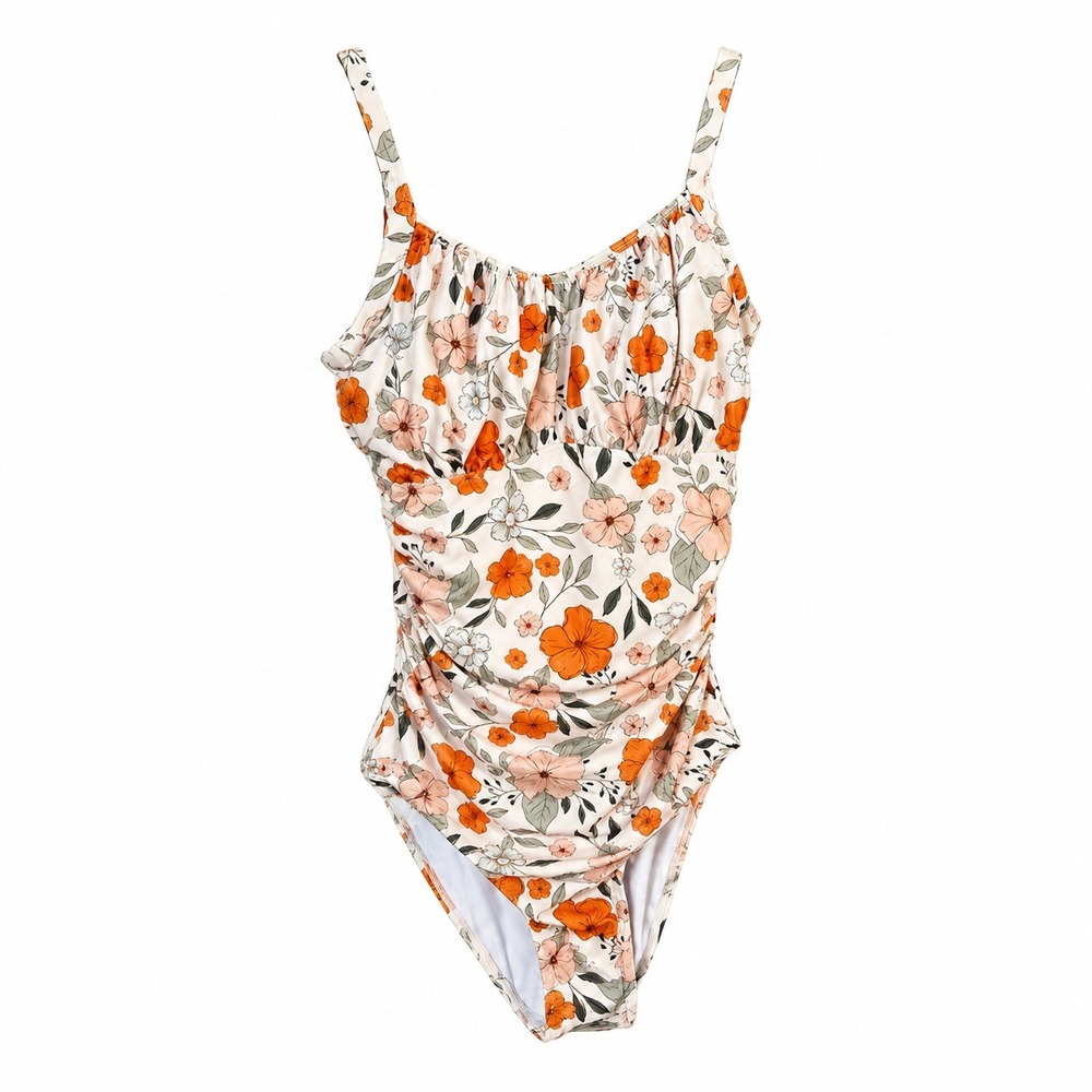 One Piece Swimsuit Womens Floral Boho Cottage Small Cream Orange